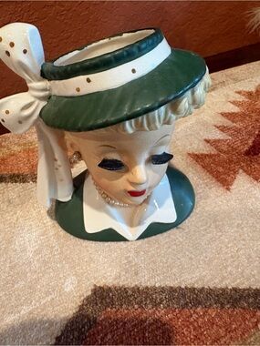 A.P.C. Ceramic Lady Head Vase with Green Trim and Pearl Accents